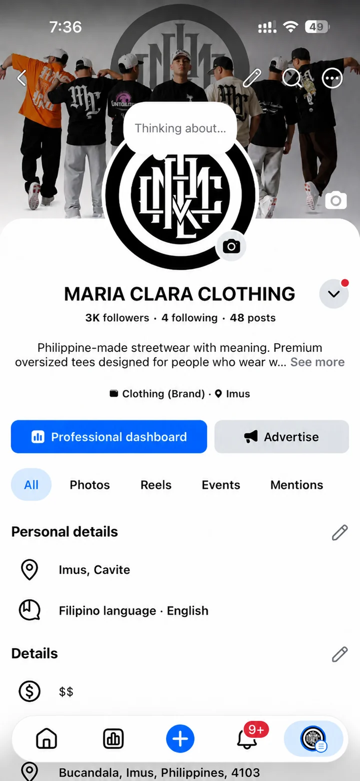 Maria Clara Clothing Facebook profile showing 3K followers